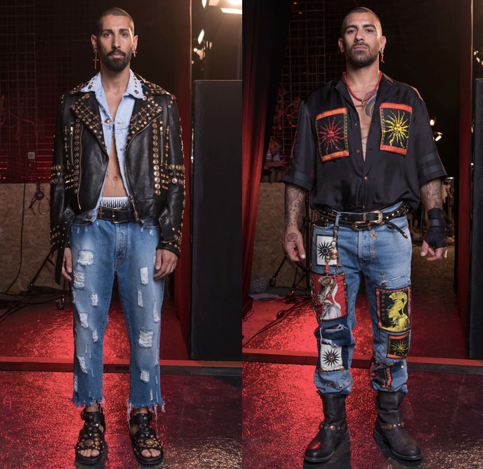 Fausto Puglisi 2017 Spring Summer Mens Lookbook Presentation - Pitti Uomo Florence Fashion Week Italy - Train Station Decorated Embellishments Adorned Bedazzled Metallic Studs Crosses Coins Gladiator Sandals Moto Motorcycle Biker Leather Jacket Roman Soldier Patches Sun Silk Shirt Boots Shorts Over Pants Flowers Floral Geometric Hawaiian Swimming Trunks Surf Boxing Shorts Bomber Jacket Gym Strap Frayed Raw Hem Denim Jeans