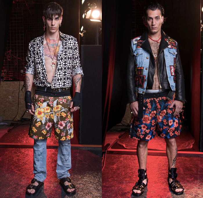 Fausto Puglisi 2017 Spring Summer Mens Lookbook Presentation - Pitti Uomo Florence Fashion Week Italy - Train Station Decorated Embellishments Adorned Bedazzled Metallic Studs Crosses Coins Gladiator Sandals Moto Motorcycle Biker Leather Jacket Roman Soldier Patches Sun Silk Shirt Boots Shorts Over Pants Flowers Floral Geometric Hawaiian Swimming Trunks Surf Boxing Shorts Bomber Jacket Gym Strap Frayed Raw Hem Denim Jeans