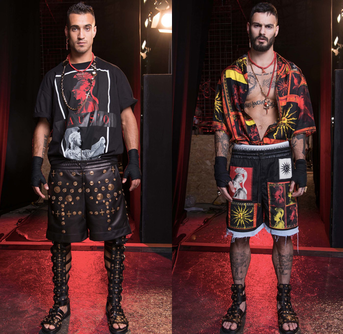 Fausto Puglisi 2017 Spring Summer Mens Lookbook Presentation - Pitti Uomo Florence Fashion Week Italy - Train Station Decorated Embellishments Adorned Bedazzled Metallic Studs Crosses Coins Gladiator Sandals Moto Motorcycle Biker Leather Jacket Roman Soldier Patches Sun Silk Shirt Boots Shorts Over Pants Flowers Floral Geometric Hawaiian Swimming Trunks Surf Boxing Shorts Bomber Jacket Gym Strap Frayed Raw Hem Denim Jeans