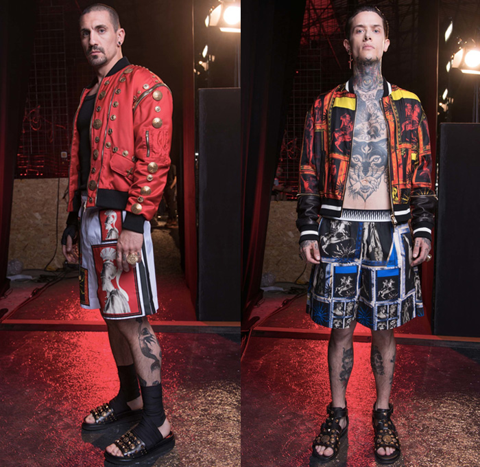 Fausto Puglisi 2017 Spring Summer Mens Lookbook Presentation - Pitti Uomo Florence Fashion Week Italy - Train Station Decorated Embellishments Adorned Bedazzled Metallic Studs Crosses Coins Gladiator Sandals Moto Motorcycle Biker Leather Jacket Roman Soldier Patches Sun Silk Shirt Boots Shorts Over Pants Flowers Floral Geometric Hawaiian Swimming Trunks Surf Boxing Shorts Bomber Jacket Gym Strap Frayed Raw Hem Denim Jeans