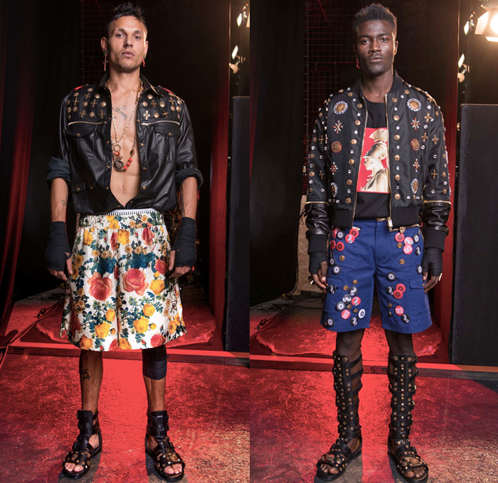 Fausto Puglisi 2017 Spring Summer Mens Lookbook Presentation - Pitti Uomo Florence Fashion Week Italy - Train Station Decorated Embellishments Adorned Bedazzled Metallic Studs Crosses Coins Gladiator Sandals Moto Motorcycle Biker Leather Jacket Roman Soldier Patches Sun Silk Shirt Boots Shorts Over Pants Flowers Floral Geometric Hawaiian Swimming Trunks Surf Boxing Shorts Bomber Jacket Gym Strap Frayed Raw Hem Denim Jeans