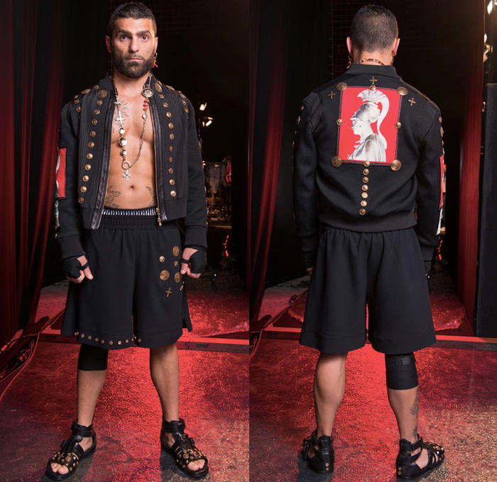 Fausto Puglisi 2017 Spring Summer Mens Lookbook Presentation - Pitti Uomo Florence Fashion Week Italy - Train Station Decorated Embellishments Adorned Bedazzled Metallic Studs Crosses Coins Gladiator Sandals Moto Motorcycle Biker Leather Jacket Roman Soldier Patches Sun Silk Shirt Boots Shorts Over Pants Flowers Floral Geometric Hawaiian Swimming Trunks Surf Boxing Shorts Bomber Jacket Gym Strap Frayed Raw Hem Denim Jeans