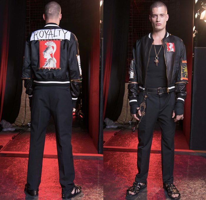 Fausto Puglisi 2017 Spring Summer Mens Lookbook Presentation - Pitti Uomo Florence Fashion Week Italy - Train Station Decorated Embellishments Adorned Bedazzled Metallic Studs Crosses Coins Gladiator Sandals Moto Motorcycle Biker Leather Jacket Roman Soldier Patches Sun Silk Shirt Boots Shorts Over Pants Flowers Floral Geometric Hawaiian Swimming Trunks Surf Boxing Shorts Bomber Jacket Gym Strap Frayed Raw Hem Denim Jeans