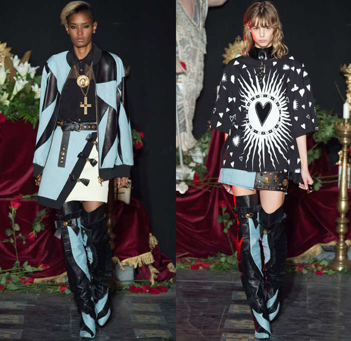 Fausto Puglisi 2017 Spring Summer Womens Runway Catwalk Looks - Milano Moda Donna Collezione Milan Fashion Week Italy - 18th Century Geometric Wallpaper Religious Pop Art Crosses Hearts Denim Jeans Crop Top Midriff Ornaments Embroidery Adorned Jewels Bedazzled Studs Sequins Medallions Kimono Wrap Robe Ruffles Motorcycle Biker Bomber Jacket Knot Ribbon Skirt Frock Color Block Cargo Pockets Parka Coatdress Metallic Foil Drawstring Sweater Noodle Strap Dress Shirtdress One Shoulder Belt Asymmetrical Chain Necklace Above The Knee Wrapped Boots Sandals Leg Warmers Fishnet Mesh Choker High Slit Bird Peacock