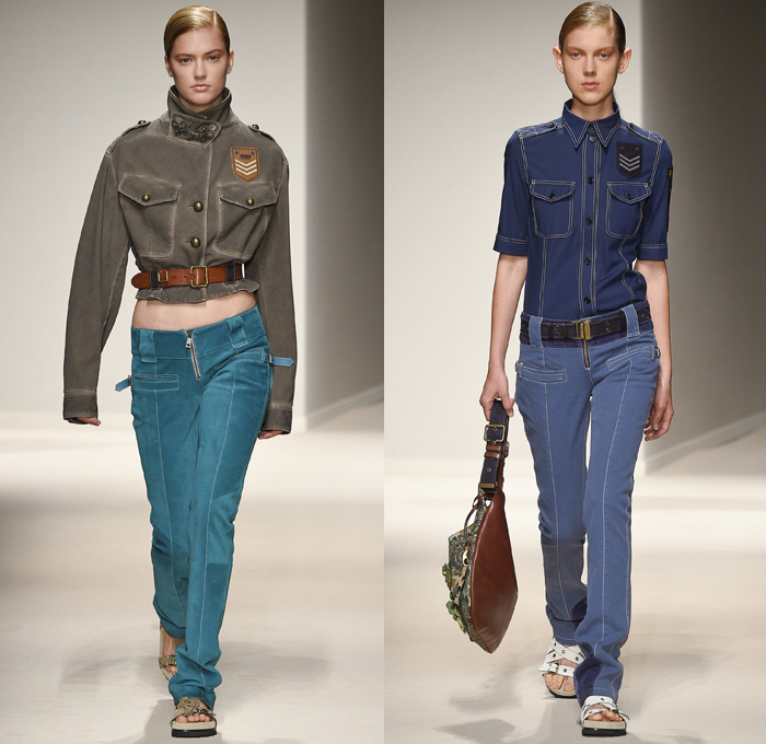 Fay 2017 Spring Summer Womens Runway Catwalk Looks - Milano Moda Donna Collezione Milan Fashion Week Italy - 1970s Seventies Military Army Safari Field Aviator Jacket Medallions Shirtdress Cheongsam Qípáo Mandarin Gown Straps Belted Waist Hem Gladiator Sandals Suspenders Sheer Chiffon Embroidery Sequins Flowers Floral Contrast Stitching Jeans Cargo Pockets Ornamental Bootcut Crop Top Midriff Knit Sweater Turtleneck Silk Satin Velvet Patches Grommets Camouflage Coatdress Destroyed Holes Handbag Snake Python