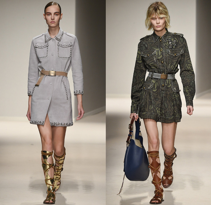 Fay 2017 Spring Summer Womens Runway Catwalk Looks - Milano Moda Donna Collezione Milan Fashion Week Italy - 1970s Seventies Military Army Safari Field Aviator Jacket Medallions Shirtdress Cheongsam Qípáo Mandarin Gown Straps Belted Waist Hem Gladiator Sandals Suspenders Sheer Chiffon Embroidery Sequins Flowers Floral Contrast Stitching Jeans Cargo Pockets Ornamental Bootcut Crop Top Midriff Knit Sweater Turtleneck Silk Satin Velvet Patches Grommets Camouflage Coatdress Destroyed Holes Handbag Snake Python