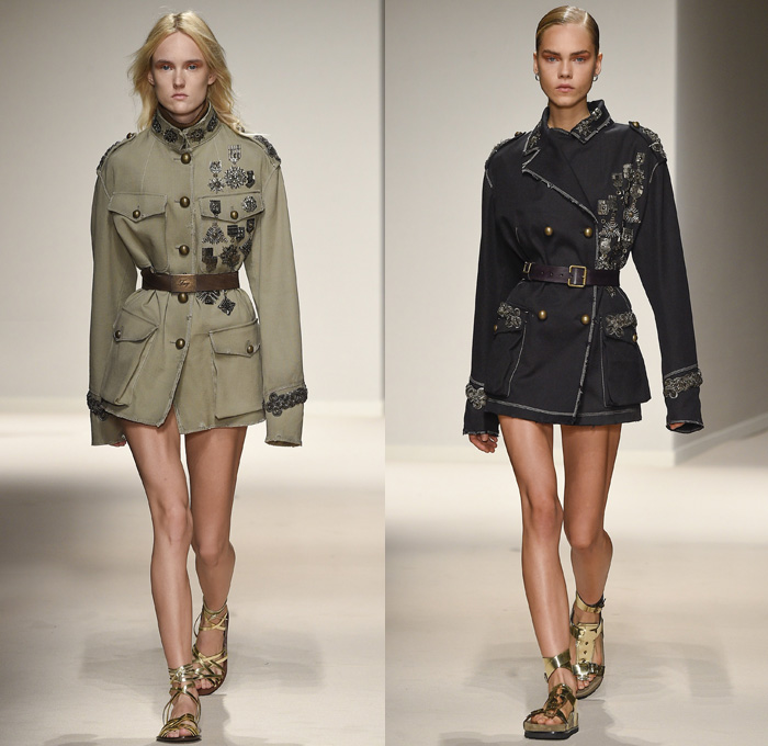 Fay 2017 Spring Summer Womens Runway Catwalk Looks - Milano Moda Donna Collezione Milan Fashion Week Italy - 1970s Seventies Military Army Safari Field Aviator Jacket Medallions Shirtdress Cheongsam Qípáo Mandarin Gown Straps Belted Waist Hem Gladiator Sandals Suspenders Sheer Chiffon Embroidery Sequins Flowers Floral Contrast Stitching Jeans Cargo Pockets Ornamental Bootcut Crop Top Midriff Knit Sweater Turtleneck Silk Satin Velvet Patches Grommets Camouflage Coatdress Destroyed Holes Handbag Snake Python