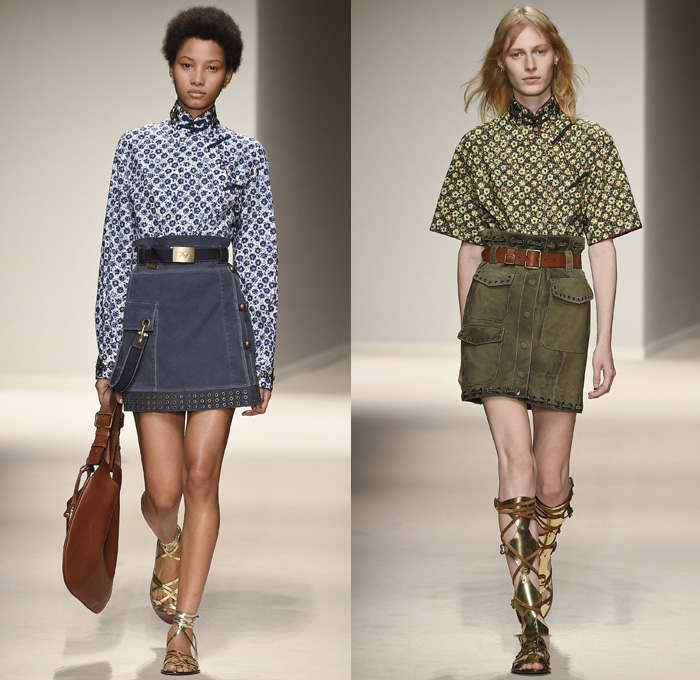 Fay 2017 Spring Summer Womens Runway Catwalk Looks - Milano Moda Donna Collezione Milan Fashion Week Italy - 1970s Seventies Military Army Safari Field Aviator Jacket Medallions Shirtdress Cheongsam Qípáo Mandarin Gown Straps Belted Waist Hem Gladiator Sandals Suspenders Sheer Chiffon Embroidery Sequins Flowers Floral Contrast Stitching Jeans Cargo Pockets Ornamental Bootcut Crop Top Midriff Knit Sweater Turtleneck Silk Satin Velvet Patches Grommets Camouflage Coatdress Destroyed Holes Handbag Snake Python