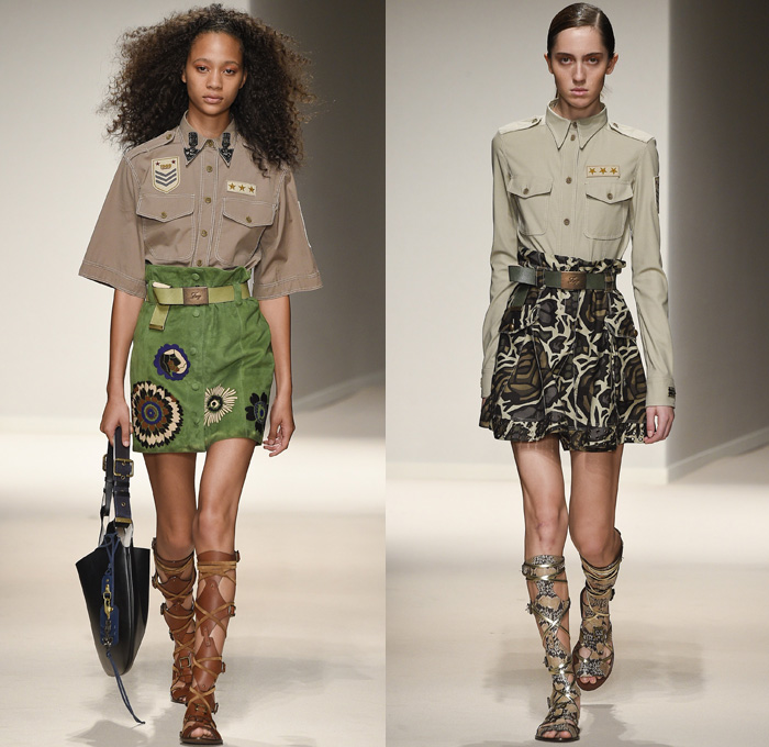 Fay 2017 Spring Summer Womens Runway Catwalk Looks - Milano Moda Donna Collezione Milan Fashion Week Italy - 1970s Seventies Military Army Safari Field Aviator Jacket Medallions Shirtdress Cheongsam Qípáo Mandarin Gown Straps Belted Waist Hem Gladiator Sandals Suspenders Sheer Chiffon Embroidery Sequins Flowers Floral Contrast Stitching Jeans Cargo Pockets Ornamental Bootcut Crop Top Midriff Knit Sweater Turtleneck Silk Satin Velvet Patches Grommets Camouflage Coatdress Destroyed Holes Handbag Snake Python