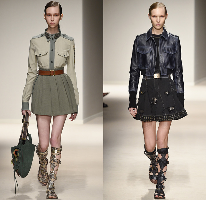 Fay 2017 Spring Summer Womens Runway Catwalk Looks - Milano Moda Donna Collezione Milan Fashion Week Italy - 1970s Seventies Military Army Safari Field Aviator Jacket Medallions Shirtdress Cheongsam Qípáo Mandarin Gown Straps Belted Waist Hem Gladiator Sandals Suspenders Sheer Chiffon Embroidery Sequins Flowers Floral Contrast Stitching Jeans Cargo Pockets Ornamental Bootcut Crop Top Midriff Knit Sweater Turtleneck Silk Satin Velvet Patches Grommets Camouflage Coatdress Destroyed Holes Handbag Snake Python