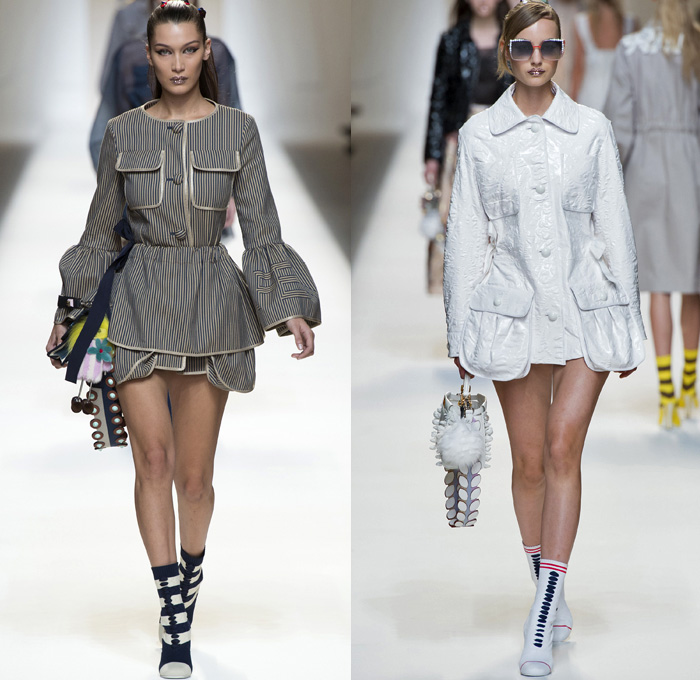 Fendi 2017 Spring Summer Womens Runway Catwalk Looks Karl Lagerfeld- Milano Moda Donna Collezione Milan Fashion Week Italy - Baroque Brocade Apron Pinafore Dress Goddess Gown Umbrella Flaps Sheer Chiffon Tulle Knit Stripes Shirtdress Bell Sleeves Cargo Pockets Embossed Coat Furry Plush Silk Satin Ruffles Pleats Halterneck Ornamental Cutout Tie Up Waist Baby Doll Dress Skirt Frock Jumpsuit Drapery Mockneck Ribbon Sweater Handbag Backpack Flowers Floral Embroidery Bedazzled Socks Chain Wrapped Shoes Glitter Sunglasses