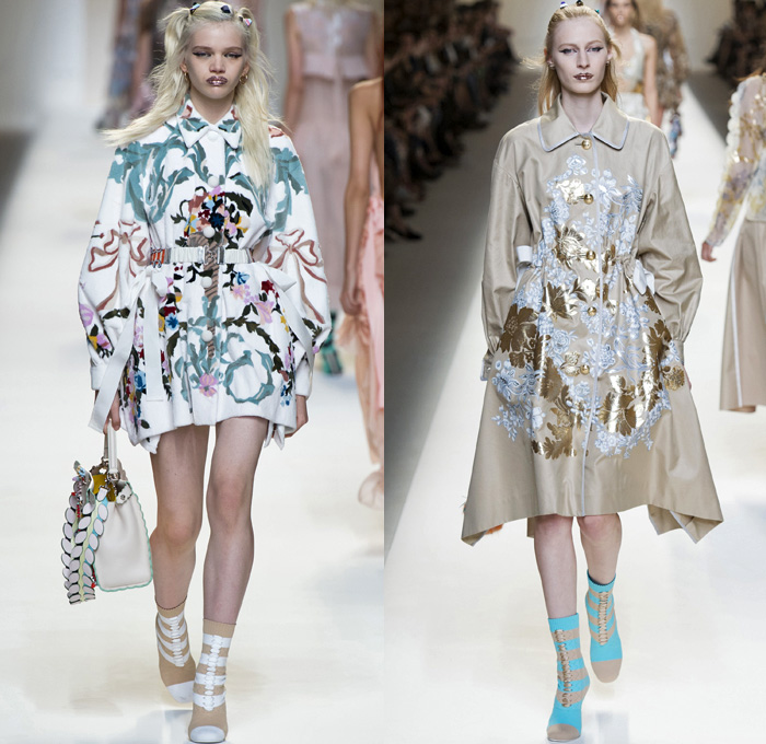 Fendi 2017 Spring Summer Womens Runway Catwalk Looks Karl Lagerfeld- Milano Moda Donna Collezione Milan Fashion Week Italy - Baroque Brocade Apron Pinafore Dress Goddess Gown Umbrella Flaps Sheer Chiffon Tulle Knit Stripes Shirtdress Bell Sleeves Cargo Pockets Embossed Coat Furry Plush Silk Satin Ruffles Pleats Halterneck Ornamental Cutout Tie Up Waist Baby Doll Dress Skirt Frock Jumpsuit Drapery Mockneck Ribbon Sweater Handbag Backpack Flowers Floral Embroidery Bedazzled Socks Chain Wrapped Shoes Glitter Sunglasses