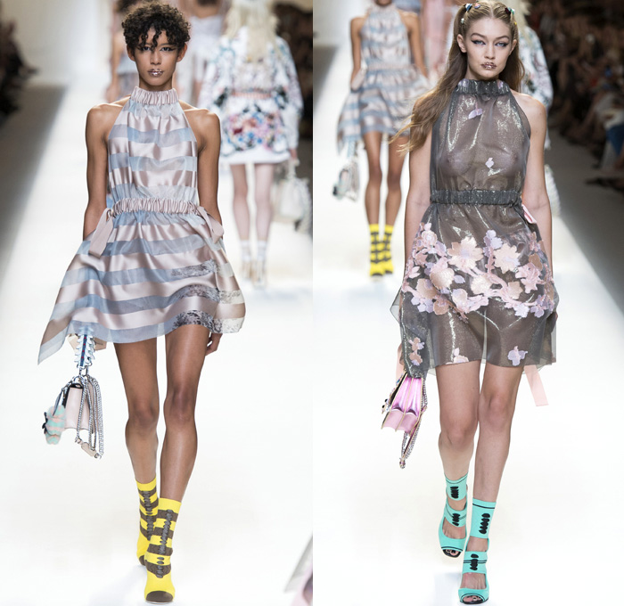 Fendi 2017 Spring Summer Womens Runway Catwalk Looks Karl Lagerfeld- Milano Moda Donna Collezione Milan Fashion Week Italy - Baroque Brocade Apron Pinafore Dress Goddess Gown Umbrella Flaps Sheer Chiffon Tulle Knit Stripes Shirtdress Bell Sleeves Cargo Pockets Embossed Coat Furry Plush Silk Satin Ruffles Pleats Halterneck Ornamental Cutout Tie Up Waist Baby Doll Dress Skirt Frock Jumpsuit Drapery Mockneck Ribbon Sweater Handbag Backpack Flowers Floral Embroidery Bedazzled Socks Chain Wrapped Shoes Glitter Sunglasses