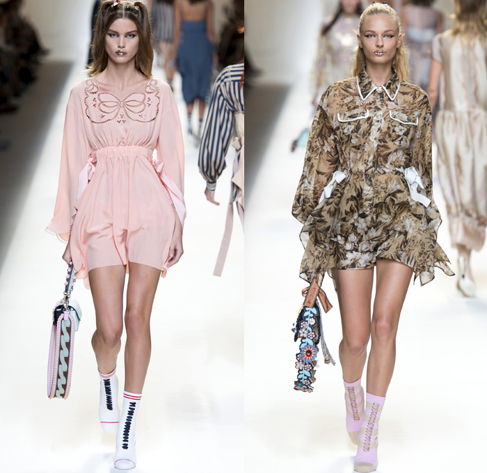 Fendi 2017 Spring Summer Womens Runway Catwalk Looks Karl Lagerfeld- Milano Moda Donna Collezione Milan Fashion Week Italy - Baroque Brocade Apron Pinafore Dress Goddess Gown Umbrella Flaps Sheer Chiffon Tulle Knit Stripes Shirtdress Bell Sleeves Cargo Pockets Embossed Coat Furry Plush Silk Satin Ruffles Pleats Halterneck Ornamental Cutout Tie Up Waist Baby Doll Dress Skirt Frock Jumpsuit Drapery Mockneck Ribbon Sweater Handbag Backpack Flowers Floral Embroidery Bedazzled Socks Chain Wrapped Shoes Glitter Sunglasses