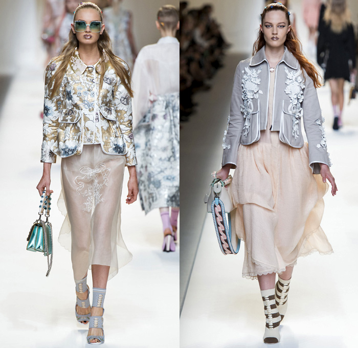 Fendi 2017 Spring Summer Womens Runway Catwalk Looks Karl Lagerfeld- Milano Moda Donna Collezione Milan Fashion Week Italy - Baroque Brocade Apron Pinafore Dress Goddess Gown Umbrella Flaps Sheer Chiffon Tulle Knit Stripes Shirtdress Bell Sleeves Cargo Pockets Embossed Coat Furry Plush Silk Satin Ruffles Pleats Halterneck Ornamental Cutout Tie Up Waist Baby Doll Dress Skirt Frock Jumpsuit Drapery Mockneck Ribbon Sweater Handbag Backpack Flowers Floral Embroidery Bedazzled Socks Chain Wrapped Shoes Glitter Sunglasses