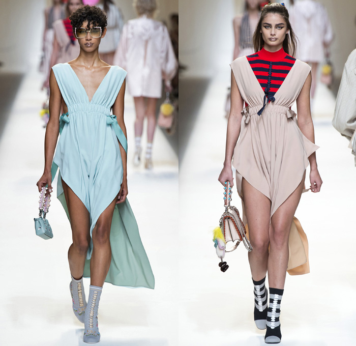 Fendi 2017 Spring Summer Womens Runway Catwalk Looks Karl Lagerfeld- Milano Moda Donna Collezione Milan Fashion Week Italy - Baroque Brocade Apron Pinafore Dress Goddess Gown Umbrella Flaps Sheer Chiffon Tulle Knit Stripes Shirtdress Bell Sleeves Cargo Pockets Embossed Coat Furry Plush Silk Satin Ruffles Pleats Halterneck Ornamental Cutout Tie Up Waist Baby Doll Dress Skirt Frock Jumpsuit Drapery Mockneck Ribbon Sweater Handbag Backpack Flowers Floral Embroidery Bedazzled Socks Chain Wrapped Shoes Glitter Sunglasses