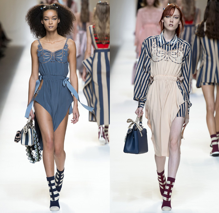 Fendi 2017 Spring Summer Womens Runway Catwalk Looks Karl Lagerfeld- Milano Moda Donna Collezione Milan Fashion Week Italy - Baroque Brocade Apron Pinafore Dress Goddess Gown Umbrella Flaps Sheer Chiffon Tulle Knit Stripes Shirtdress Bell Sleeves Cargo Pockets Embossed Coat Furry Plush Silk Satin Ruffles Pleats Halterneck Ornamental Cutout Tie Up Waist Baby Doll Dress Skirt Frock Jumpsuit Drapery Mockneck Ribbon Sweater Handbag Backpack Flowers Floral Embroidery Bedazzled Socks Chain Wrapped Shoes Glitter Sunglasses