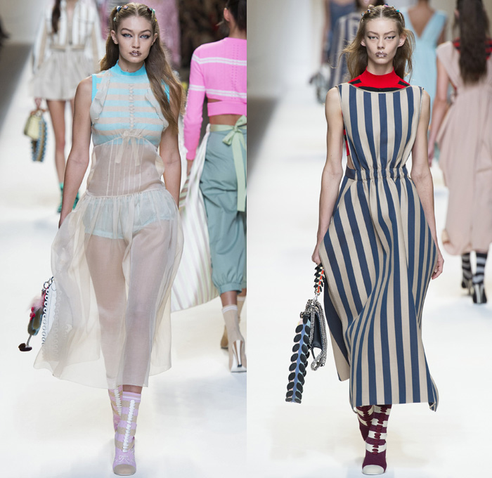 Fendi 2017 Spring Summer Womens Runway Catwalk Looks Karl Lagerfeld- Milano Moda Donna Collezione Milan Fashion Week Italy - Baroque Brocade Apron Pinafore Dress Goddess Gown Umbrella Flaps Sheer Chiffon Tulle Knit Stripes Shirtdress Bell Sleeves Cargo Pockets Embossed Coat Furry Plush Silk Satin Ruffles Pleats Halterneck Ornamental Cutout Tie Up Waist Baby Doll Dress Skirt Frock Jumpsuit Drapery Mockneck Ribbon Sweater Handbag Backpack Flowers Floral Embroidery Bedazzled Socks Chain Wrapped Shoes Glitter Sunglasses