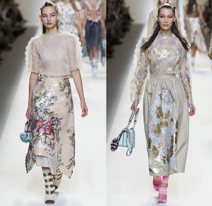 Fendi 2017 Spring Summer Womens Runway Catwalk Looks Karl Lagerfeld- Milano Moda Donna Collezione Milan Fashion Week Italy - Baroque Brocade Apron Pinafore Dress Goddess Gown Umbrella Flaps Sheer Chiffon Tulle Knit Stripes Shirtdress Bell Sleeves Cargo Pockets Embossed Coat Furry Plush Silk Satin Ruffles Pleats Halterneck Ornamental Cutout Tie Up Waist Baby Doll Dress Skirt Frock Jumpsuit Drapery Mockneck Ribbon Sweater Handbag Backpack Flowers Floral Embroidery Bedazzled Socks Chain Wrapped Shoes Glitter Sunglasses