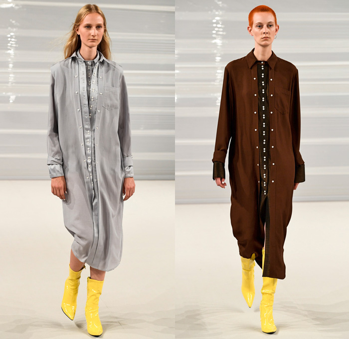 Freya Dalsjø 2017 Spring Summer Womens Runway Catwalk Looks - Copenhagen Fashion Week Denmark CPHFW - Shirtdress Popover Stripes Silk Satin Boots Elongated Hem Layers Multi-Button Shorts Blouse Long Sleeve Pinafore Dress Coatdress Quilted Waffle Puffer Outerwear Coat Jacket Blazer Sporty Motocross MX Sportswear Panels