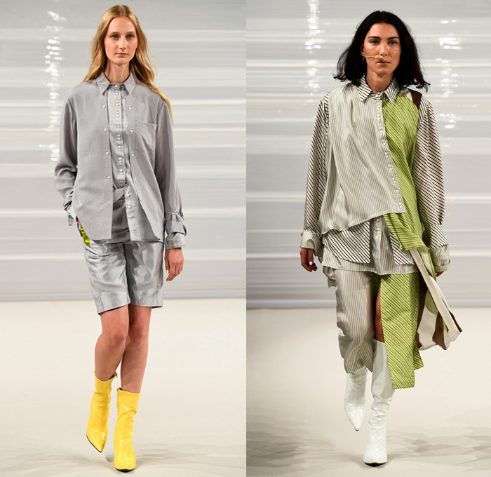 Freya Dalsjø 2017 Spring Summer Womens Runway Catwalk Looks - Copenhagen Fashion Week Denmark CPHFW - Shirtdress Popover Stripes Silk Satin Boots Elongated Hem Layers Multi-Button Shorts Blouse Long Sleeve Pinafore Dress Coatdress Quilted Waffle Puffer Outerwear Coat Jacket Blazer Sporty Motocross MX Sportswear Panels