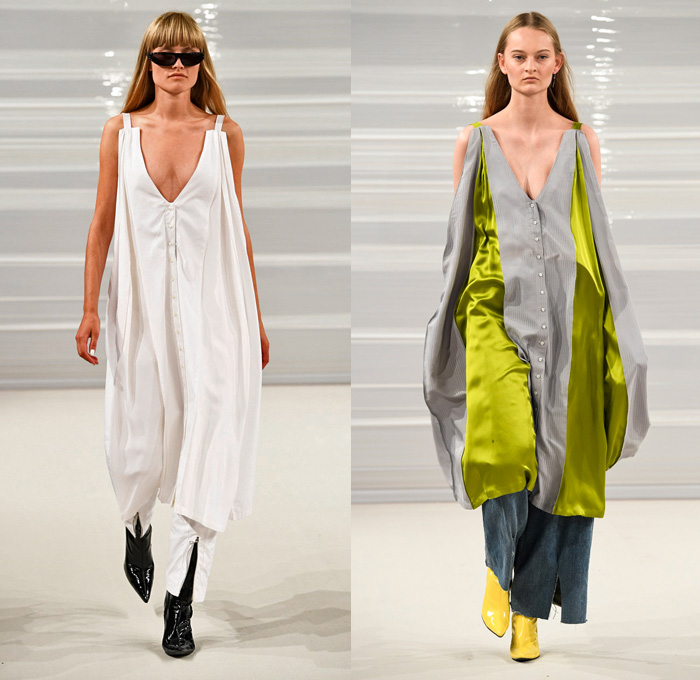 Freya Dalsjø 2017 Spring Summer Womens Runway Catwalk Looks - Copenhagen Fashion Week Denmark CPHFW - Shirtdress Popover Stripes Silk Satin Boots Elongated Hem Layers Multi-Button Shorts Blouse Long Sleeve Pinafore Dress Coatdress Quilted Waffle Puffer Outerwear Coat Jacket Blazer Sporty Motocross MX Sportswear Panels