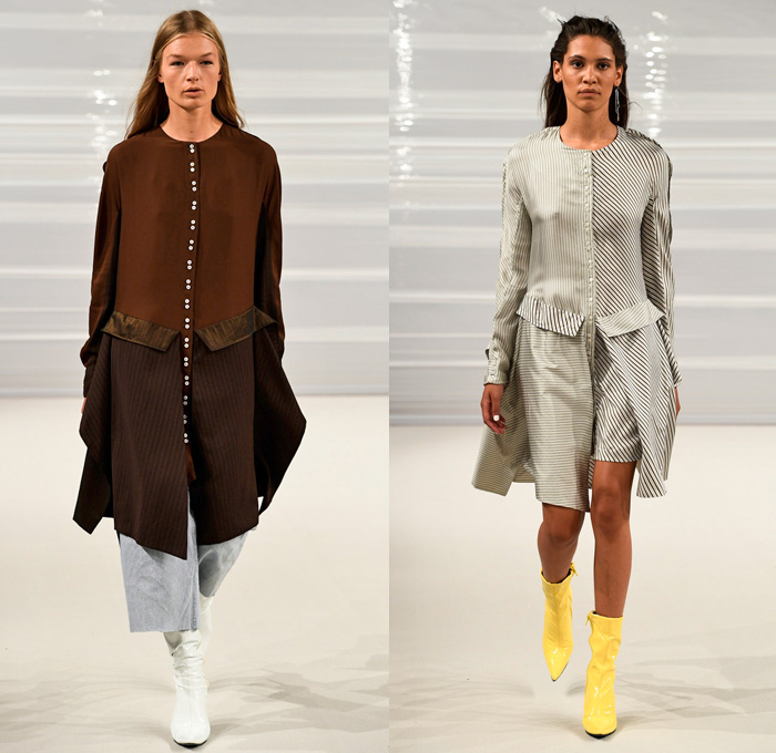 Freya Dalsjø 2017 Spring Summer Womens Runway Catwalk Looks - Copenhagen Fashion Week Denmark CPHFW - Shirtdress Popover Stripes Silk Satin Boots Elongated Hem Layers Multi-Button Shorts Blouse Long Sleeve Pinafore Dress Coatdress Quilted Waffle Puffer Outerwear Coat Jacket Blazer Sporty Motocross MX Sportswear Panels