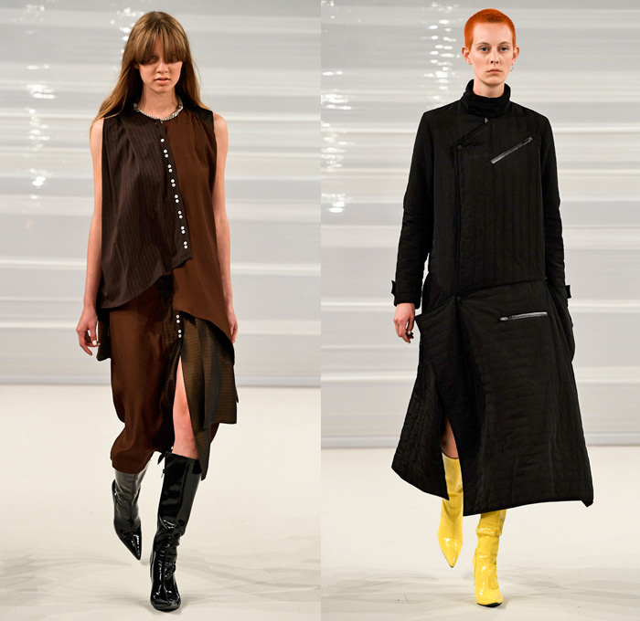 Freya Dalsjø 2017 Spring Summer Womens Runway Catwalk Looks - Copenhagen Fashion Week Denmark CPHFW - Shirtdress Popover Stripes Silk Satin Boots Elongated Hem Layers Multi-Button Shorts Blouse Long Sleeve Pinafore Dress Coatdress Quilted Waffle Puffer Outerwear Coat Jacket Blazer Sporty Motocross MX Sportswear Panels