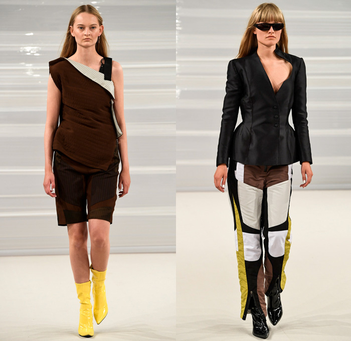 Freya Dalsjø 2017 Spring Summer Womens Runway Catwalk Looks - Copenhagen Fashion Week Denmark CPHFW - Shirtdress Popover Stripes Silk Satin Boots Elongated Hem Layers Multi-Button Shorts Blouse Long Sleeve Pinafore Dress Coatdress Quilted Waffle Puffer Outerwear Coat Jacket Blazer Sporty Motocross MX Sportswear Panels