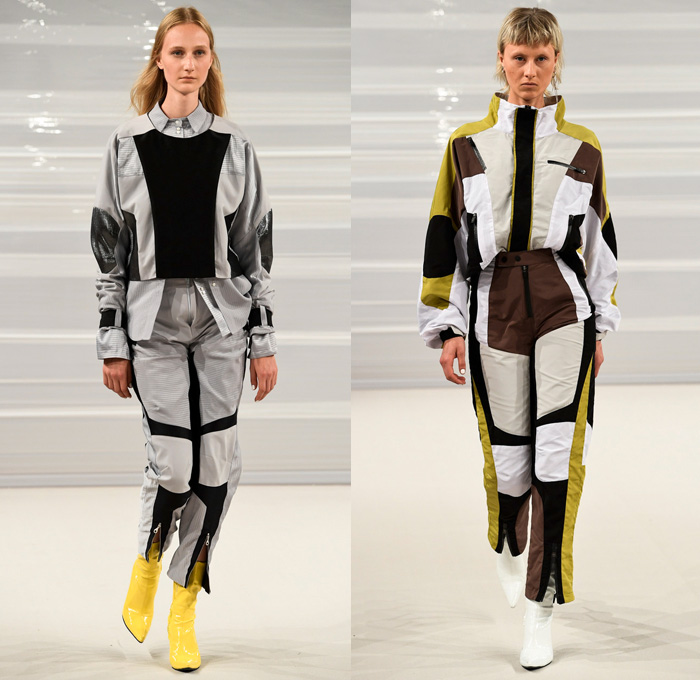 Freya Dalsjø 2017 Spring Summer Womens Runway Catwalk Looks - Copenhagen Fashion Week Denmark CPHFW - Shirtdress Popover Stripes Silk Satin Boots Elongated Hem Layers Multi-Button Shorts Blouse Long Sleeve Pinafore Dress Coatdress Quilted Waffle Puffer Outerwear Coat Jacket Blazer Sporty Motocross MX Sportswear Panels