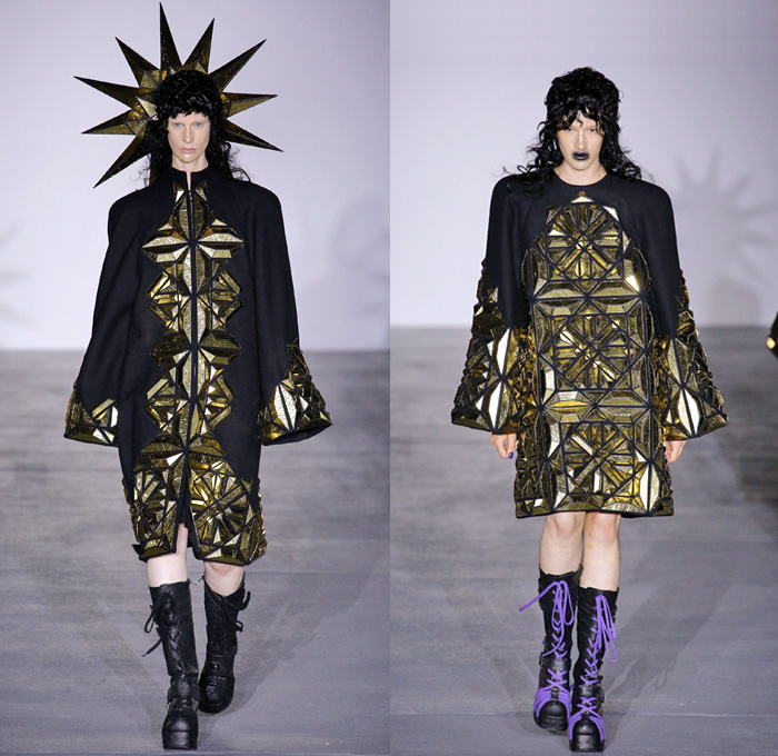 Gareth Pugh 2017 Spring Summer Womens Runway Catwalk Looks - London Fashion Week Collections British Fashion Council UK United Kingdom - Sun Goddess Empress Sundress Caftan Sunburst Stripes Embroidery Embellishments Bedazzled Golden Metallic Geometric Triangles Prism Headwear Headdress Coat Punk Gothic Structured Shawl High Slit Hanging Sleeve Drapery Sheer Chiffon Pantsuit Balloon Maxi Dress Silk Balloon Maxi Dress One Shoulder Noodle Strap Bangles Bracelet Necklace Choker Wide Leg Kimono Obi Sash Boots