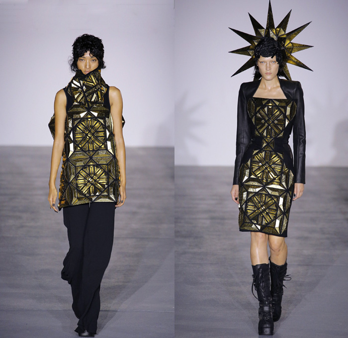 Gareth Pugh 2017 Spring Summer Womens Runway Catwalk Looks - London Fashion Week Collections British Fashion Council UK United Kingdom - Sun Goddess Empress Sundress Caftan Sunburst Stripes Embroidery Embellishments Bedazzled Golden Metallic Geometric Triangles Prism Headwear Headdress Coat Punk Gothic Structured Shawl High Slit Hanging Sleeve Drapery Sheer Chiffon Pantsuit Balloon Maxi Dress Silk Balloon Maxi Dress One Shoulder Noodle Strap Bangles Bracelet Necklace Choker Wide Leg Kimono Obi Sash Boots