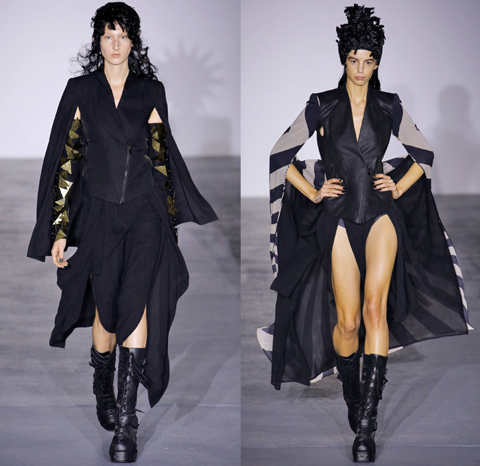 Gareth Pugh 2017 Spring Summer Womens Runway Catwalk Looks - London Fashion Week Collections British Fashion Council UK United Kingdom - Sun Goddess Empress Sundress Caftan Sunburst Stripes Embroidery Embellishments Bedazzled Golden Metallic Geometric Triangles Prism Headwear Headdress Coat Punk Gothic Structured Shawl High Slit Hanging Sleeve Drapery Sheer Chiffon Pantsuit Balloon Maxi Dress Silk Balloon Maxi Dress One Shoulder Noodle Strap Bangles Bracelet Necklace Choker Wide Leg Kimono Obi Sash Boots