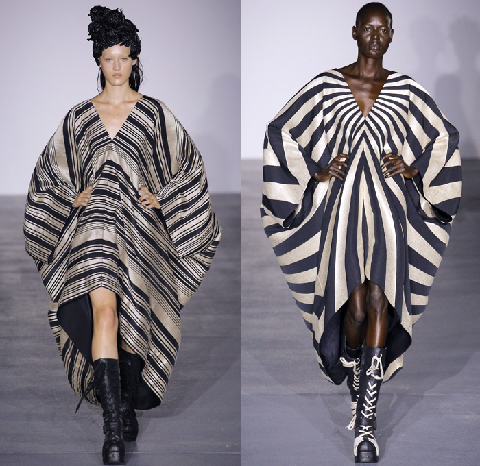 Gareth Pugh 2017 Spring Summer Womens Runway Catwalk Looks - London Fashion Week Collections British Fashion Council UK United Kingdom - Sun Goddess Empress Sundress Caftan Sunburst Stripes Embroidery Embellishments Bedazzled Golden Metallic Geometric Triangles Prism Headwear Headdress Coat Punk Gothic Structured Shawl High Slit Hanging Sleeve Drapery Sheer Chiffon Pantsuit Balloon Maxi Dress Silk Balloon Maxi Dress One Shoulder Noodle Strap Bangles Bracelet Necklace Choker Wide Leg Kimono Obi Sash Boots