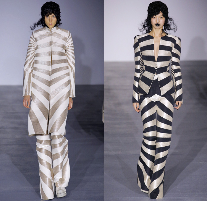 Gareth Pugh 2017 Spring Summer Womens Runway Catwalk Looks - London Fashion Week Collections British Fashion Council UK United Kingdom - Sun Goddess Empress Sundress Caftan Sunburst Stripes Embroidery Embellishments Bedazzled Golden Metallic Geometric Triangles Prism Headwear Headdress Coat Punk Gothic Structured Shawl High Slit Hanging Sleeve Drapery Sheer Chiffon Pantsuit Balloon Maxi Dress Silk Balloon Maxi Dress One Shoulder Noodle Strap Bangles Bracelet Necklace Choker Wide Leg Kimono Obi Sash Boots