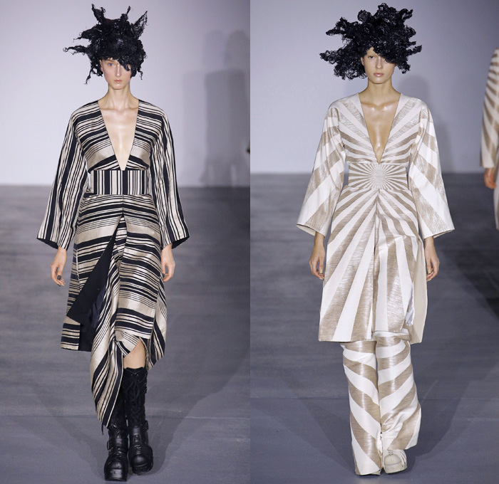 Gareth Pugh 2017 Spring Summer Womens Runway Catwalk Looks - London Fashion Week Collections British Fashion Council UK United Kingdom - Sun Goddess Empress Sundress Caftan Sunburst Stripes Embroidery Embellishments Bedazzled Golden Metallic Geometric Triangles Prism Headwear Headdress Coat Punk Gothic Structured Shawl High Slit Hanging Sleeve Drapery Sheer Chiffon Pantsuit Balloon Maxi Dress Silk Balloon Maxi Dress One Shoulder Noodle Strap Bangles Bracelet Necklace Choker Wide Leg Kimono Obi Sash Boots