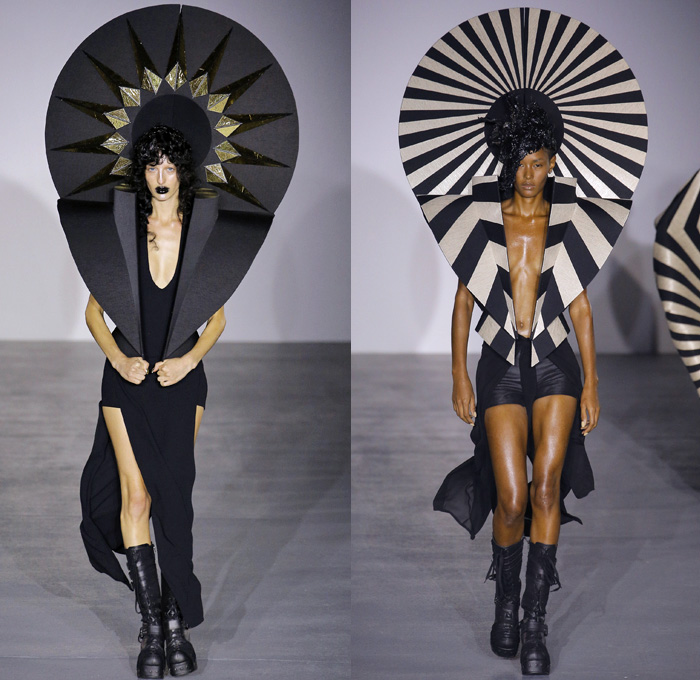 Gareth Pugh 2017 Spring Summer Womens Runway Catwalk Looks - London Fashion Week Collections British Fashion Council UK United Kingdom - Sun Goddess Empress Sundress Caftan Sunburst Stripes Embroidery Embellishments Bedazzled Golden Metallic Geometric Triangles Prism Headwear Headdress Coat Punk Gothic Structured Shawl High Slit Hanging Sleeve Drapery Sheer Chiffon Pantsuit Balloon Maxi Dress Silk Balloon Maxi Dress One Shoulder Noodle Strap Bangles Bracelet Necklace Choker Wide Leg Kimono Obi Sash Boots