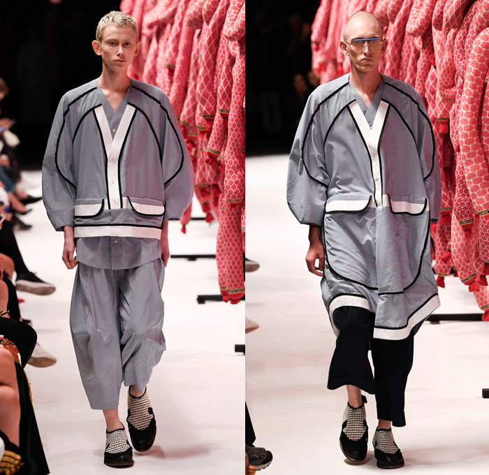 Henrik Vibskov 2017 Spring Summer Mens Runway Catwalk Looks - Copenhagen Fashion Week Denmark CPHFW - Salami Kitchen Sleepwear Pajamas Lounge Stripes Slouchy Loose Slip-ons Baseball Shirt Djellaba Shirtdress Popover Cropped Pants Polka Dots Shorts Outerwear Blazer Double Breasted Straw Hat Strap Sunglasses Layered Lapel Wrap Tie Up Knot Ribbon Chunky Knit Sweater Rollneck Fringes Bomber Jacket Grid Lattice Pop Art Food