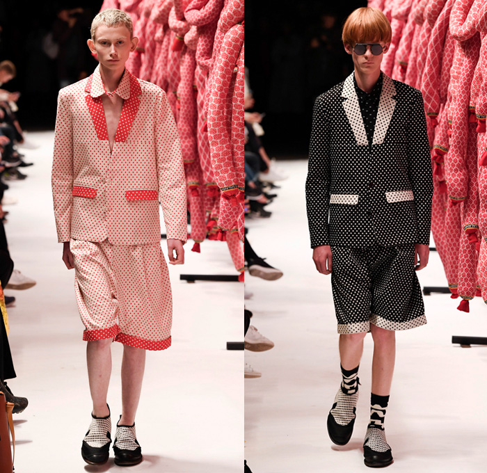 Henrik Vibskov 2017 Spring Summer Mens Runway Catwalk Looks - Copenhagen Fashion Week Denmark CPHFW - Salami Kitchen Sleepwear Pajamas Lounge Stripes Slouchy Loose Slip-ons Baseball Shirt Djellaba Shirtdress Popover Cropped Pants Polka Dots Shorts Outerwear Blazer Double Breasted Straw Hat Strap Sunglasses Layered Lapel Wrap Tie Up Knot Ribbon Chunky Knit Sweater Rollneck Fringes Bomber Jacket Grid Lattice Pop Art Food