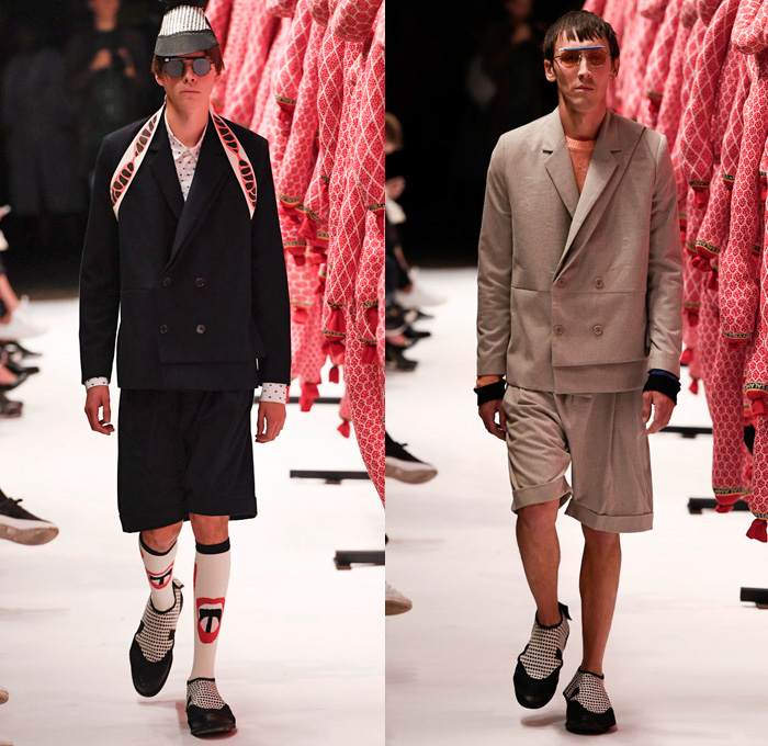 Henrik Vibskov 2017 Spring Summer Mens Runway Catwalk Looks - Copenhagen Fashion Week Denmark CPHFW - Salami Kitchen Sleepwear Pajamas Lounge Stripes Slouchy Loose Slip-ons Baseball Shirt Djellaba Shirtdress Popover Cropped Pants Polka Dots Shorts Outerwear Blazer Double Breasted Straw Hat Strap Sunglasses Layered Lapel Wrap Tie Up Knot Ribbon Chunky Knit Sweater Rollneck Fringes Bomber Jacket Grid Lattice Pop Art Food