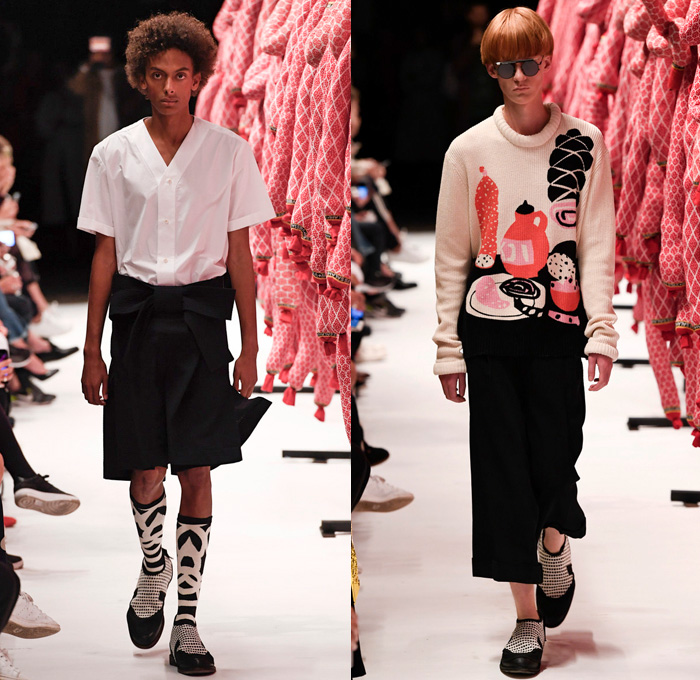 Henrik Vibskov 2017 Spring Summer Mens Runway Catwalk Looks - Copenhagen Fashion Week Denmark CPHFW - Salami Kitchen Sleepwear Pajamas Lounge Stripes Slouchy Loose Slip-ons Baseball Shirt Djellaba Shirtdress Popover Cropped Pants Polka Dots Shorts Outerwear Blazer Double Breasted Straw Hat Strap Sunglasses Layered Lapel Wrap Tie Up Knot Ribbon Chunky Knit Sweater Rollneck Fringes Bomber Jacket Grid Lattice Pop Art Food