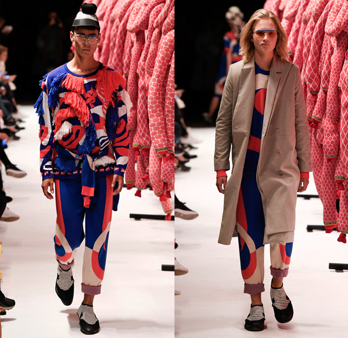 Henrik Vibskov 2017 Spring Summer Mens Runway Catwalk Looks - Copenhagen Fashion Week Denmark CPHFW - Salami Kitchen Sleepwear Pajamas Lounge Stripes Slouchy Loose Slip-ons Baseball Shirt Djellaba Shirtdress Popover Cropped Pants Polka Dots Shorts Outerwear Blazer Double Breasted Straw Hat Strap Sunglasses Layered Lapel Wrap Tie Up Knot Ribbon Chunky Knit Sweater Rollneck Fringes Bomber Jacket Grid Lattice Pop Art Food