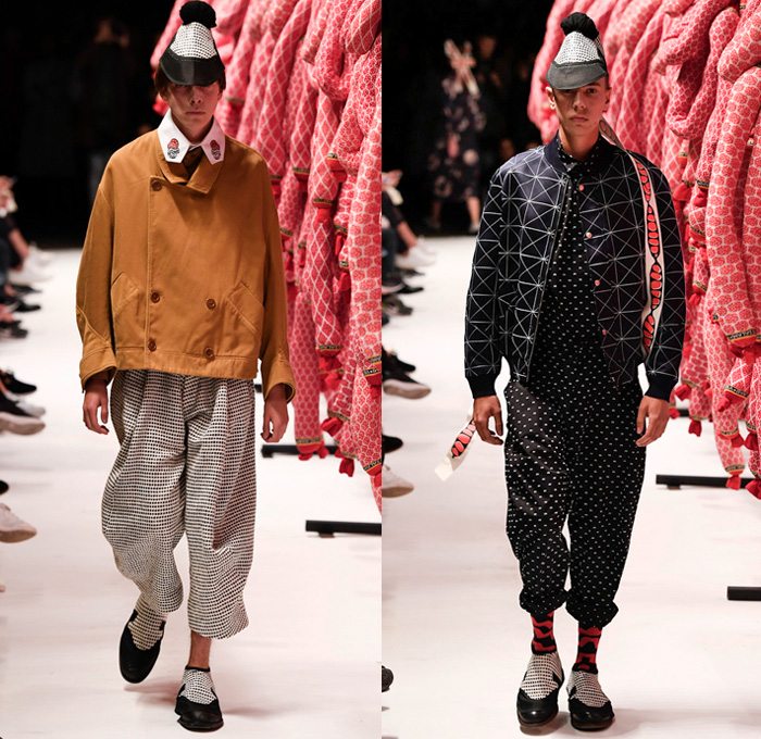 Henrik Vibskov 2017 Spring Summer Mens Runway Catwalk Looks - Copenhagen Fashion Week Denmark CPHFW - Salami Kitchen Sleepwear Pajamas Lounge Stripes Slouchy Loose Slip-ons Baseball Shirt Djellaba Shirtdress Popover Cropped Pants Polka Dots Shorts Outerwear Blazer Double Breasted Straw Hat Strap Sunglasses Layered Lapel Wrap Tie Up Knot Ribbon Chunky Knit Sweater Rollneck Fringes Bomber Jacket Grid Lattice Pop Art Food