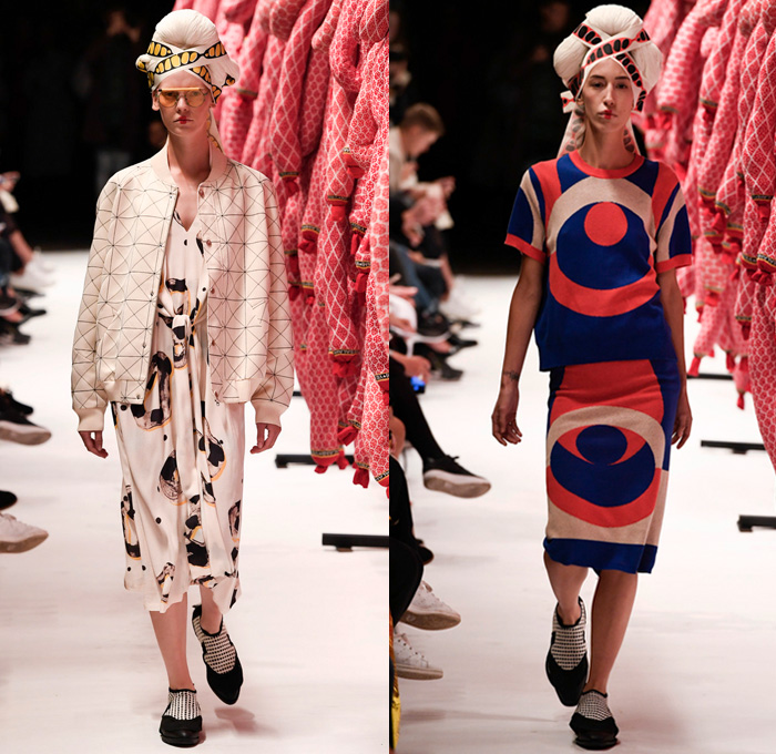 Henrik Vibskov 2017 Spring Summer Womens Runway Catwalk Looks - Copenhagen Fashion Week Denmark CPHFW - Salami Kitchen Poke Balls Circles Dress Vest Tie Up Waist Hat Strap Abstract Headwear Bomber Jacket Geometric Skirt Frock Knit Sweater Jumper Fringes Embroidery Adornments Oversized Outerwear Coat Kimono Gi Bow Ribbon Polka Dots Tiered Blouse Pinafore Dress Sunglasses