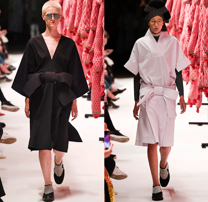 Henrik Vibskov 2017 Spring Summer Womens Runway Catwalk Looks - Copenhagen Fashion Week Denmark CPHFW - Salami Kitchen Poke Balls Circles Dress Vest Tie Up Waist Hat Strap Abstract Headwear Bomber Jacket Geometric Skirt Frock Knit Sweater Jumper Fringes Embroidery Adornments Oversized Outerwear Coat Kimono Gi Bow Ribbon Polka Dots Tiered Blouse Pinafore Dress Sunglasses