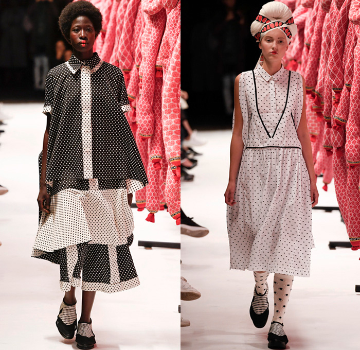 Henrik Vibskov 2017 Spring Summer Womens Runway Catwalk Looks - Copenhagen Fashion Week Denmark CPHFW - Salami Kitchen Poke Balls Circles Dress Vest Tie Up Waist Hat Strap Abstract Headwear Bomber Jacket Geometric Skirt Frock Knit Sweater Jumper Fringes Embroidery Adornments Oversized Outerwear Coat Kimono Gi Bow Ribbon Polka Dots Tiered Blouse Pinafore Dress Sunglasses