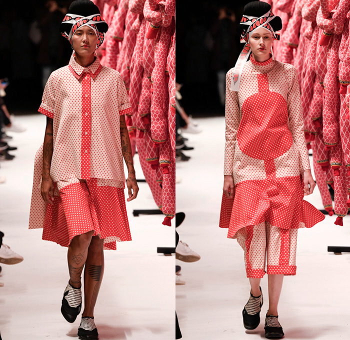 Henrik Vibskov 2017 Spring Summer Womens Runway Catwalk Looks - Copenhagen Fashion Week Denmark CPHFW - Salami Kitchen Poke Balls Circles Dress Vest Tie Up Waist Hat Strap Abstract Headwear Bomber Jacket Geometric Skirt Frock Knit Sweater Jumper Fringes Embroidery Adornments Oversized Outerwear Coat Kimono Gi Bow Ribbon Polka Dots Tiered Blouse Pinafore Dress Sunglasses