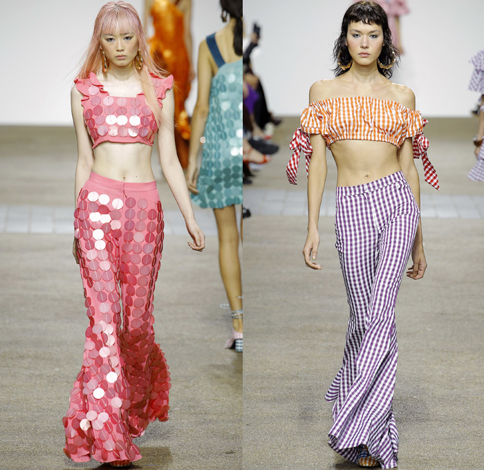 House of Holland 2017 Spring Summer Womens Runway Catwalk Looks - London Fashion Week Collections British Fashion Council UK United Kingdom - 1970s Seventies Disco Embroidery Adorned Bedazzled Sequins Paillettes Picnic Plaid Check Gingham Flare Velvet Crop Top Midriff Strapless Cinch Belted Scarf Waist Roses Flowers Floral Lace Silk Satin Halterneck Skirt Frock Accordion Pleats Outerwear Coat Parka Jacket Ruffles Mesh Fishnet Jean Trucker Jacket Noodle Strap