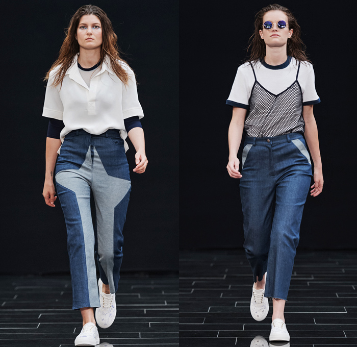 Ida Klamborn 2017 Spring Summer Womens Runway Catwalk Looks - Fashion Week Stockholm Sweden - Casual Sneakers Blouse Mom Jeans Denim Mesh Fishnet Frayed Raw Hem Noodle Spaghetti Strap Outerwear Coat Shearling Parka Raincoat Nylon Drawstring Trucker Jacket Colorblock Dolphin Hem Shorts Flap Pockets Miniskirt Sweater Jumper Pullover Cropped Pants Strip Hem