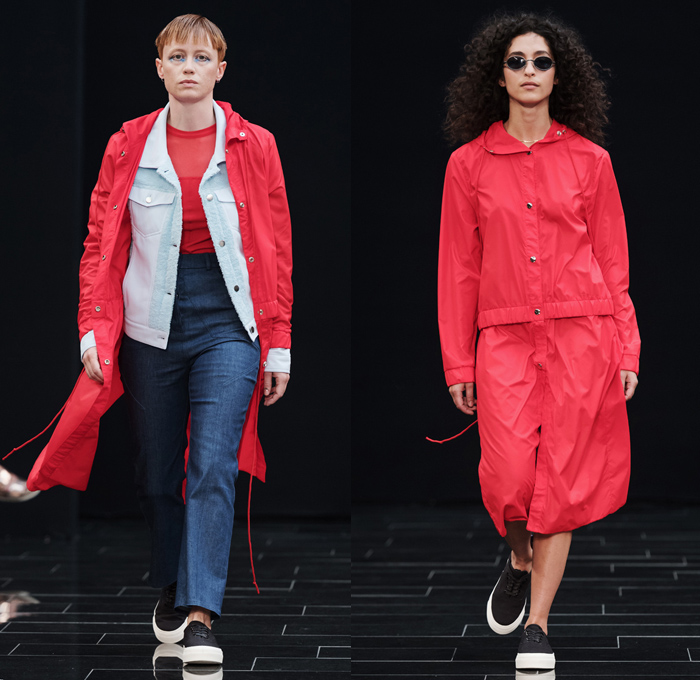 Ida Klamborn 2017 Spring Summer Womens Runway Catwalk Looks - Fashion Week Stockholm Sweden - Casual Sneakers Blouse Mom Jeans Denim Mesh Fishnet Frayed Raw Hem Noodle Spaghetti Strap Outerwear Coat Shearling Parka Raincoat Nylon Drawstring Trucker Jacket Colorblock Dolphin Hem Shorts Flap Pockets Miniskirt Sweater Jumper Pullover Cropped Pants Strip Hem